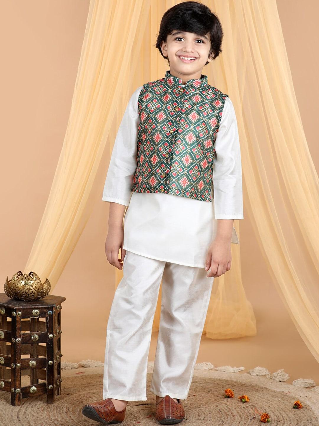 cutiekins boys mandarin collar regular art silk kurta with pyjamas & nehru jacket