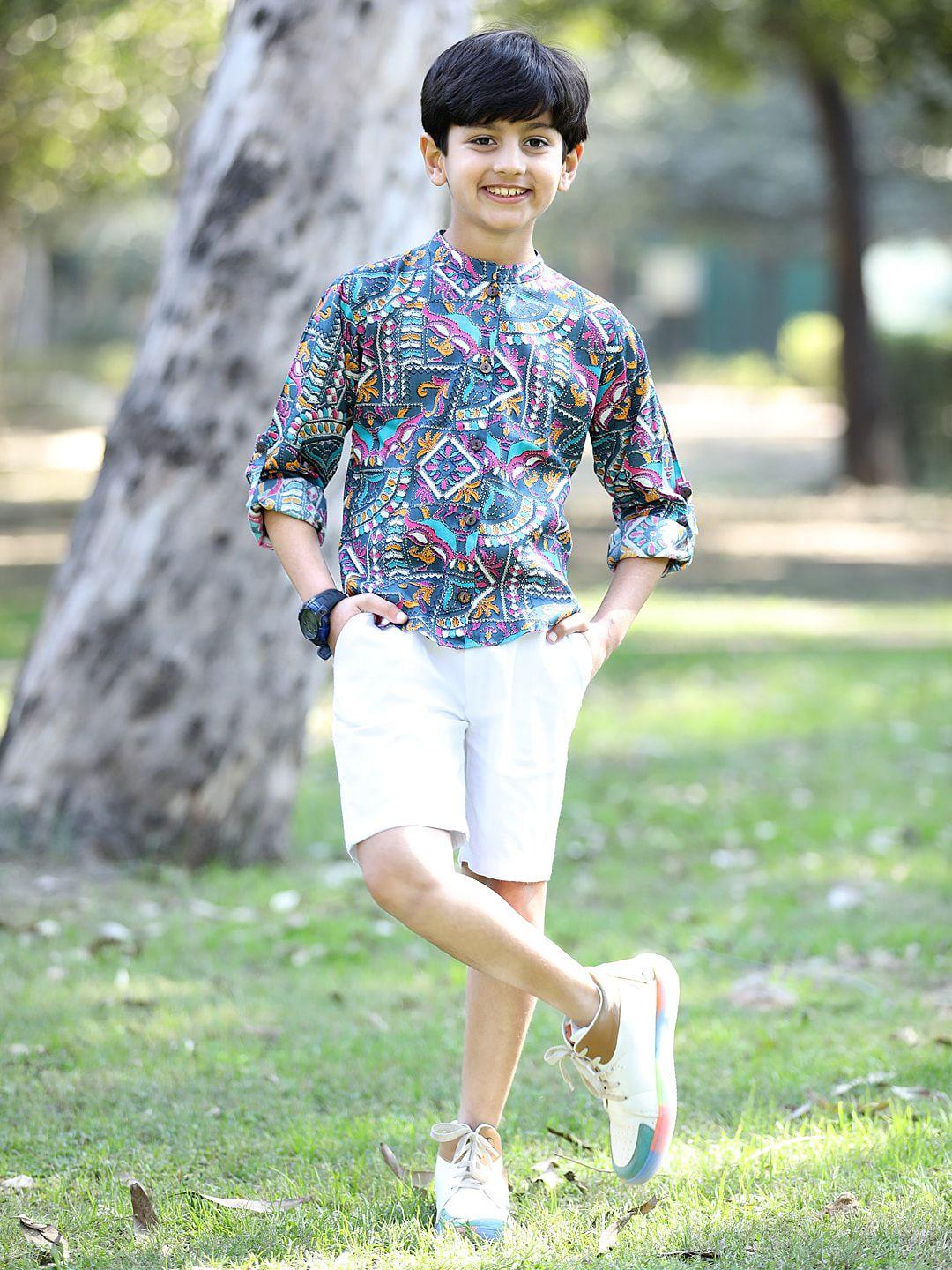 cutiekins boys printed mandarin collar shirt with shorts