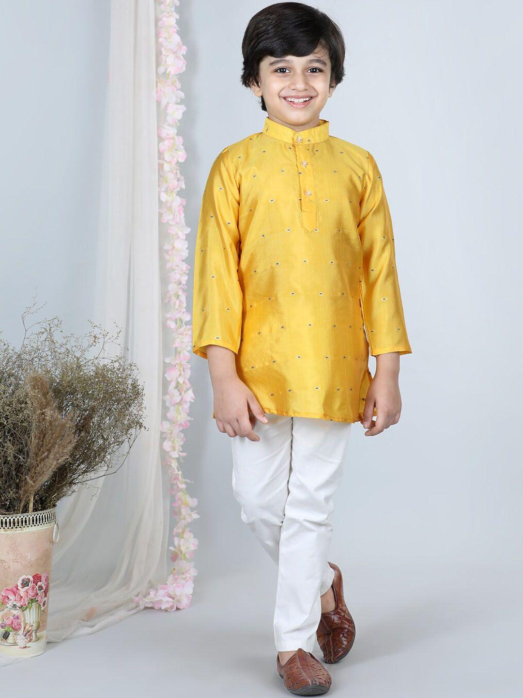 cutiekins boys yellow ethnic motifs embroidered regular kurta with pyjamas