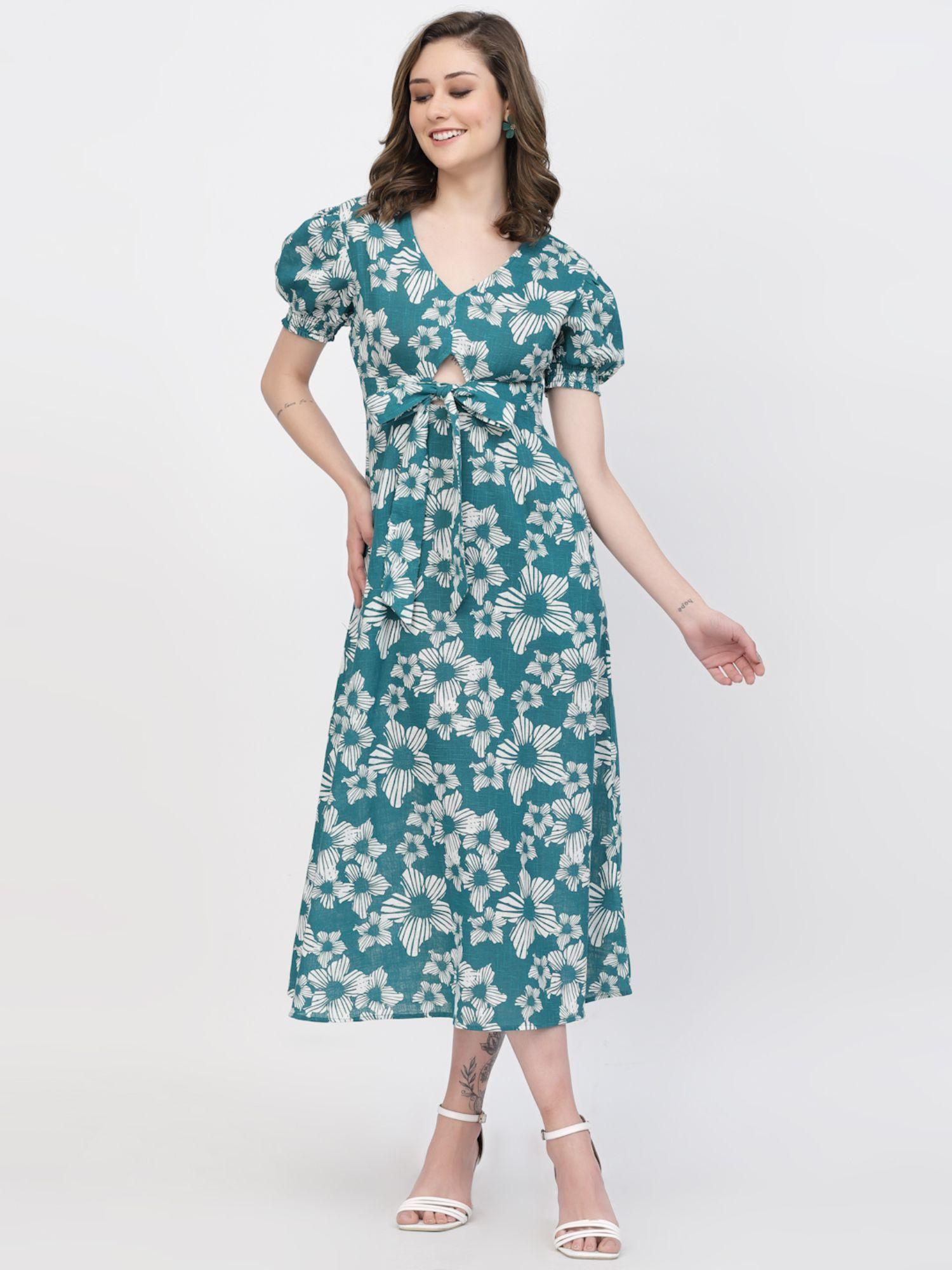 cutout & tie knot dress green printed