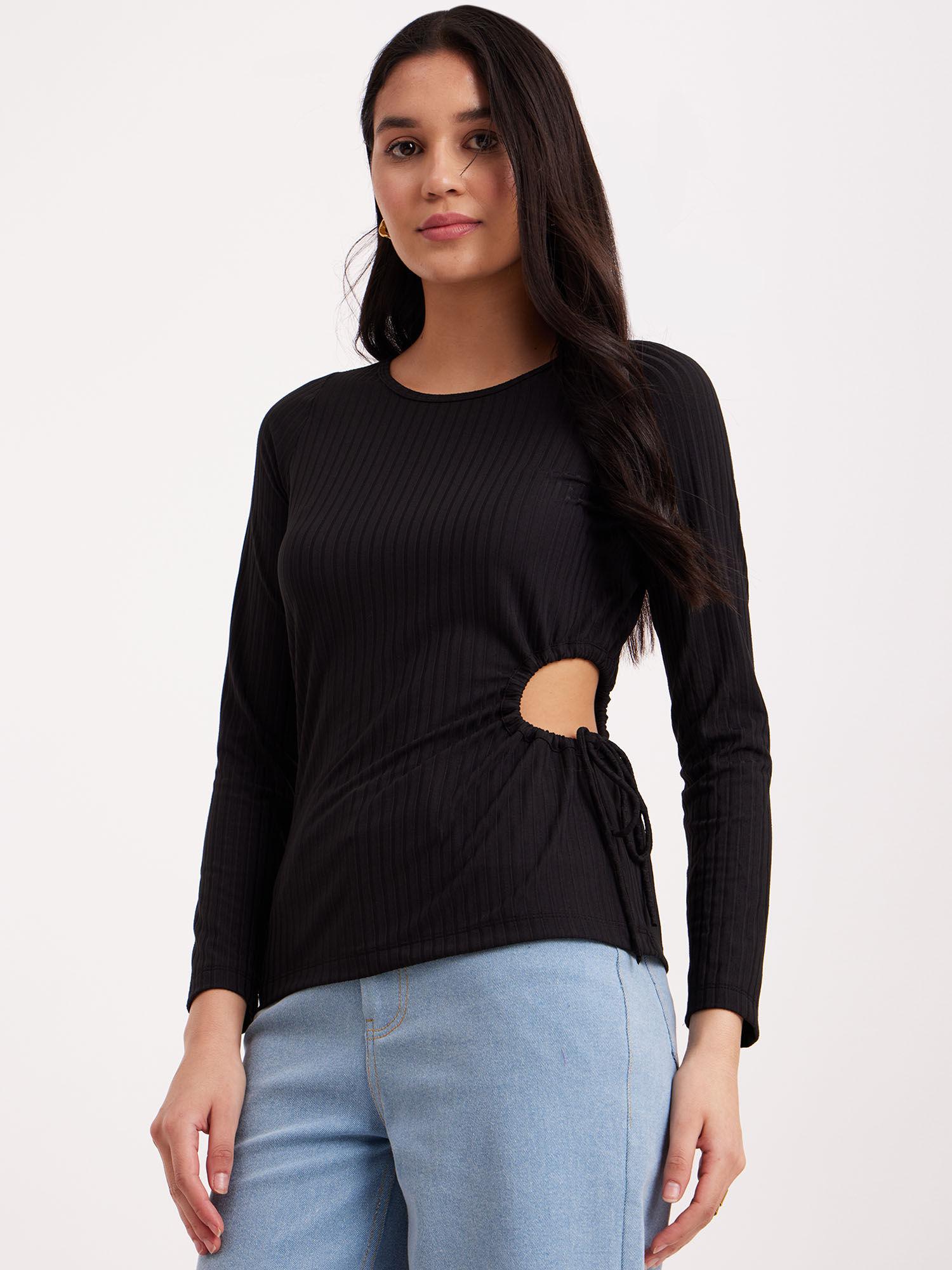 cutout rib knit top - black