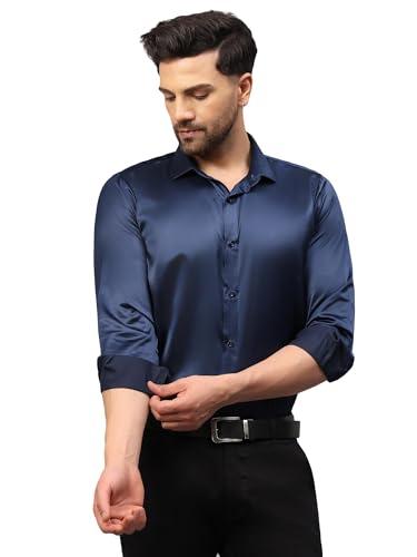 cvc men's regular fit full sleeve satin silk shirt.navy blue-l