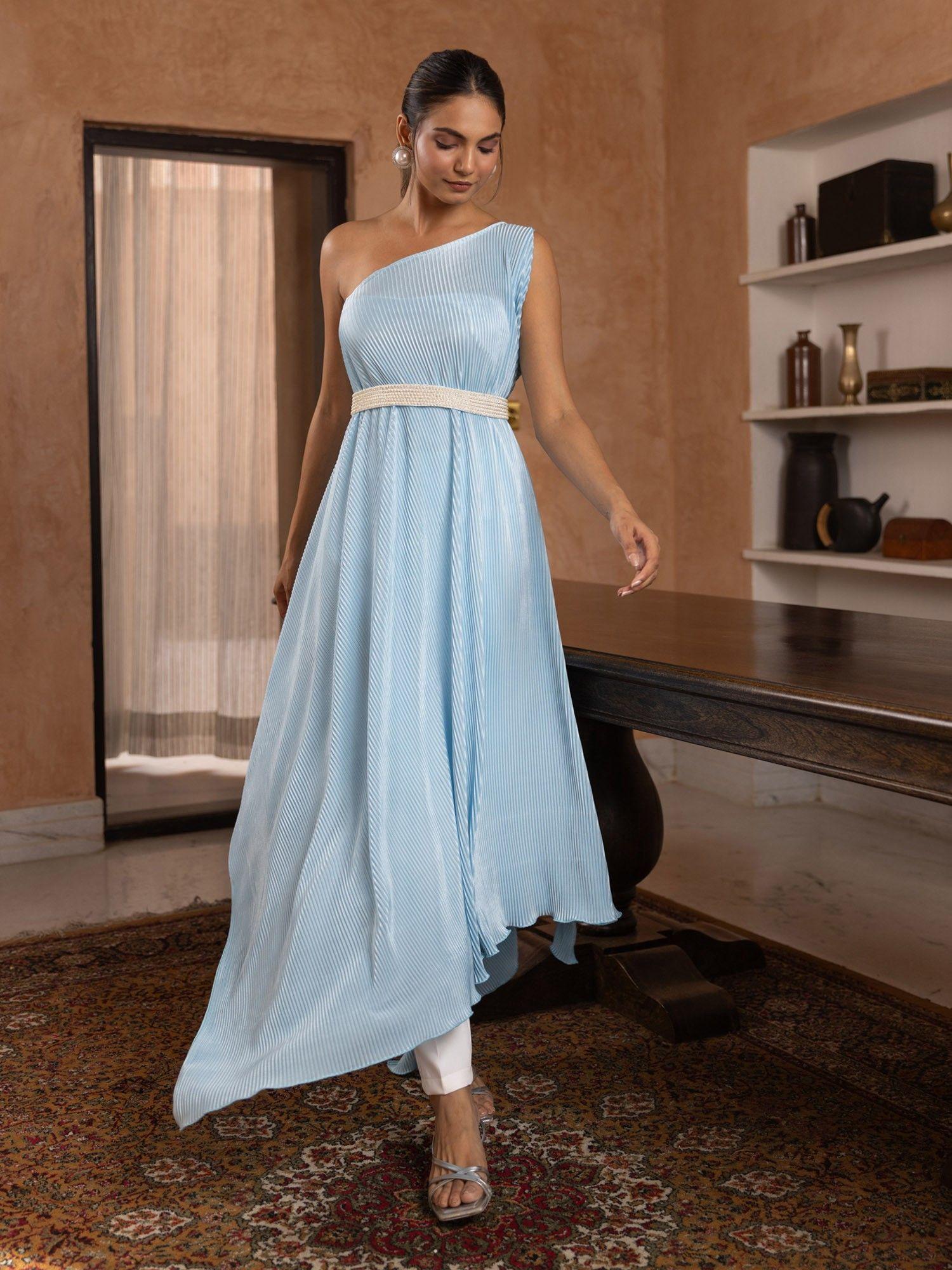cyan pleated gown & trousers (set of 3)