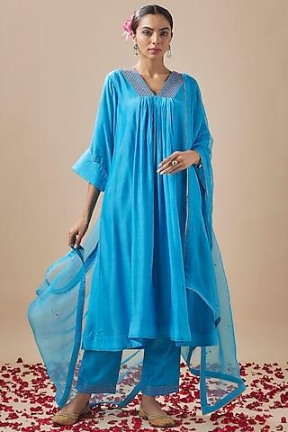 cyan blue cotton silk resham & aari embroidered kurta set