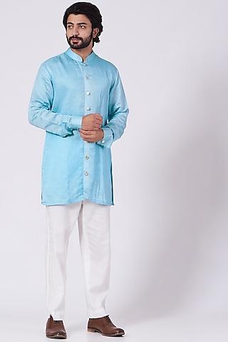 cyan blue silk linen long shirt