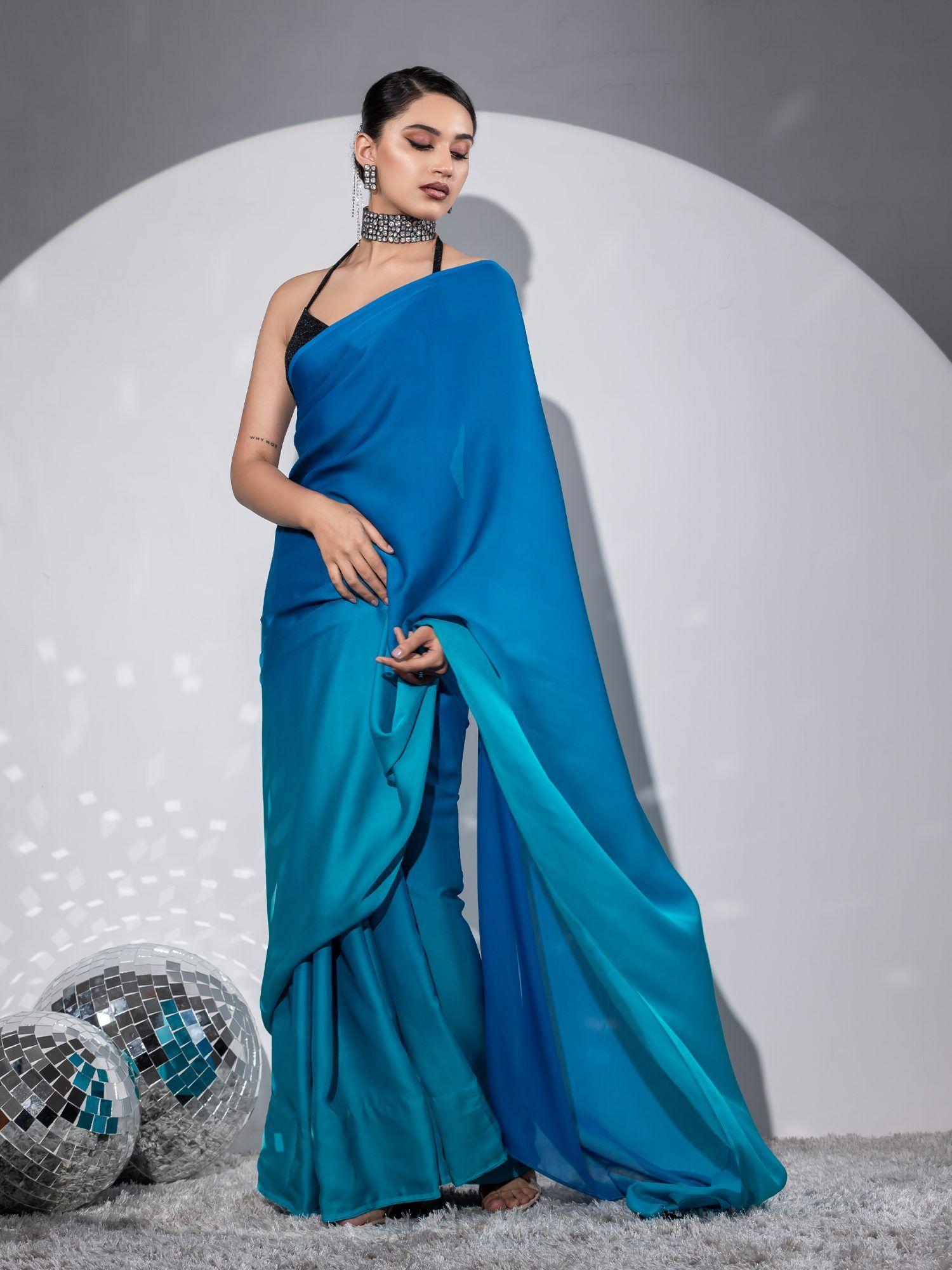 cyan persian blue silky chiffon with unstitched blouse fabric