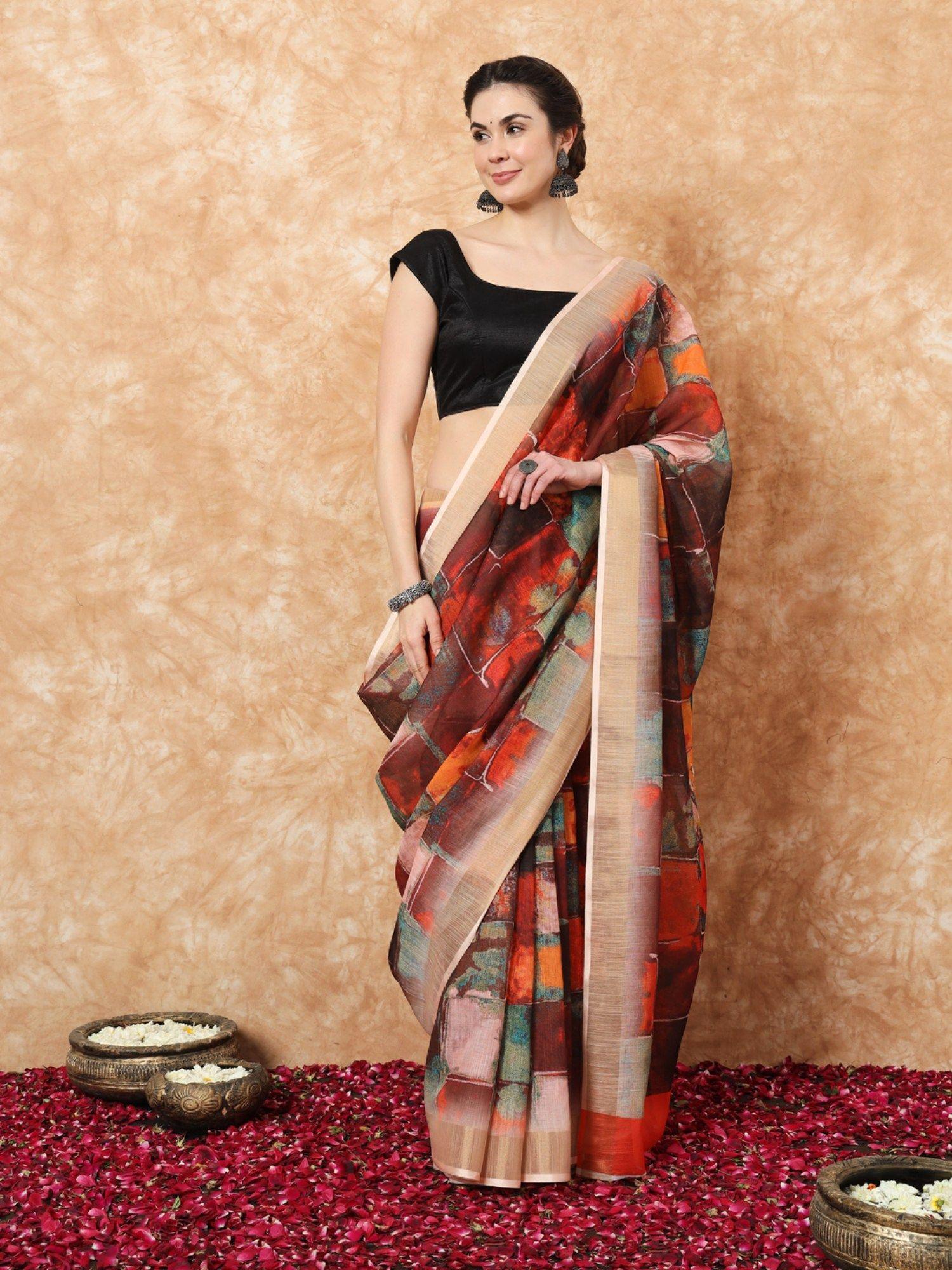 cynthia multi-color linen floral printed saree with unstitched blouse