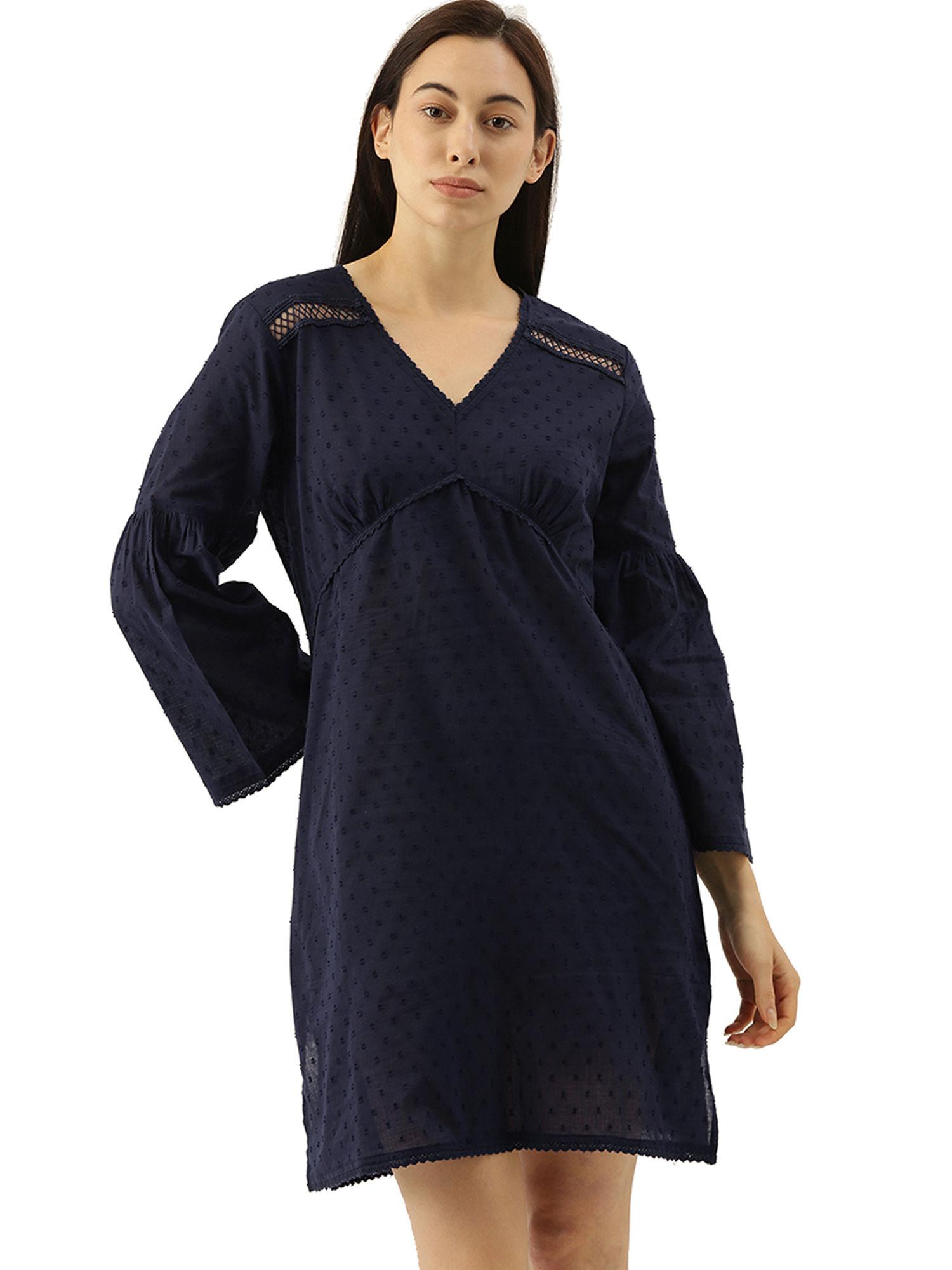 cyril dobby self design bell sleeves night dress - blue