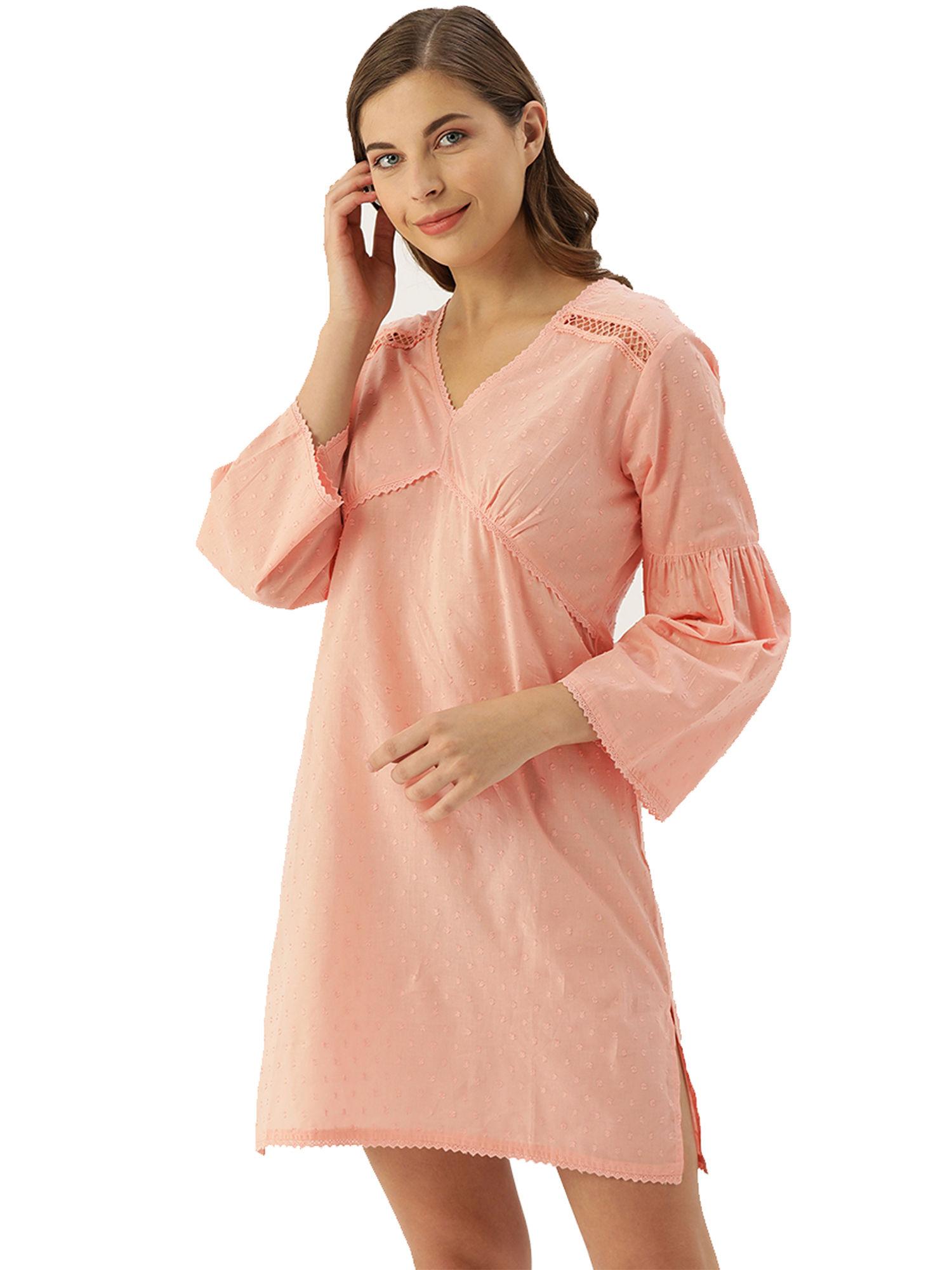 cyril rose pink dobby self design bell sleeves night dress