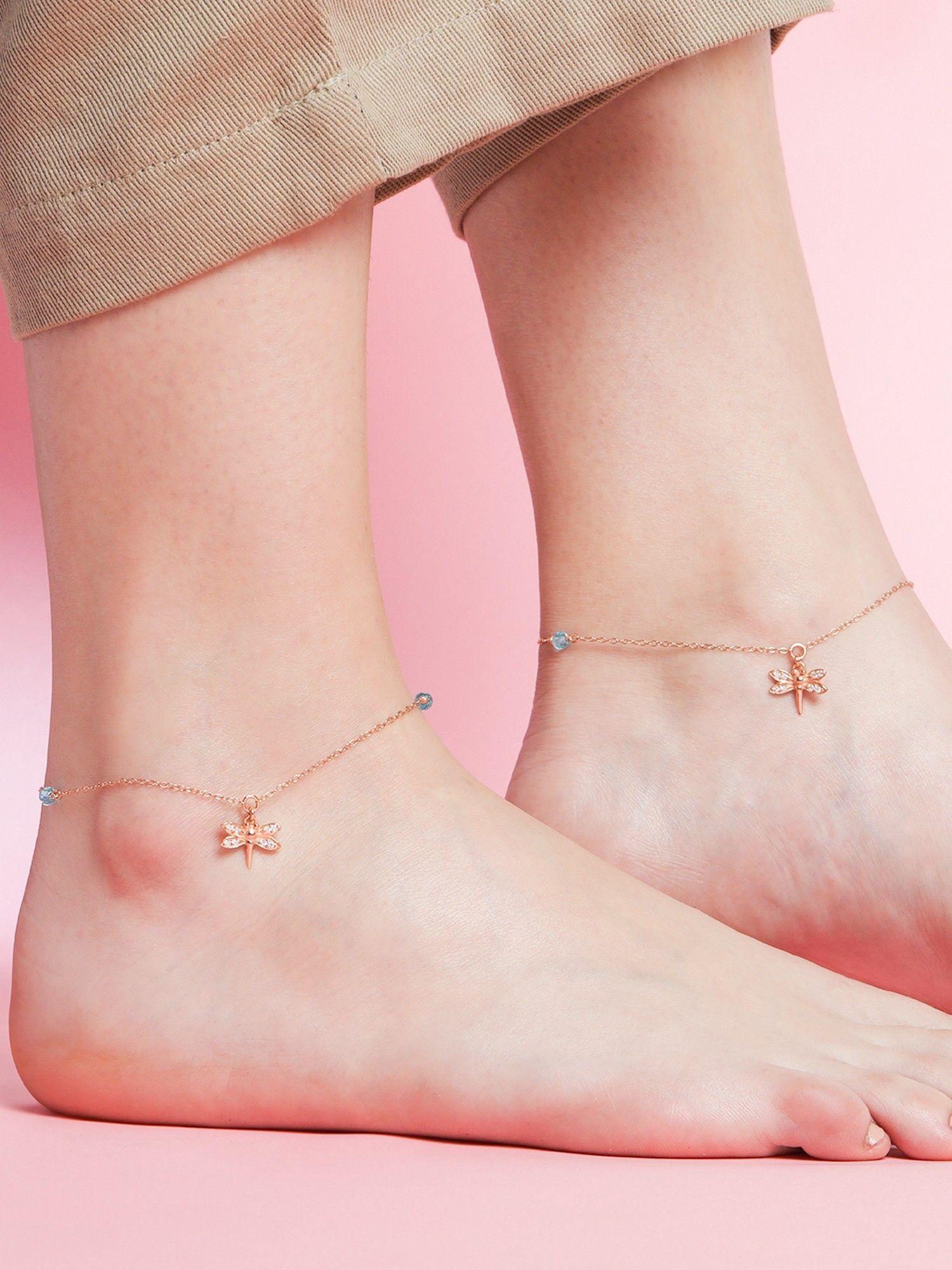 cz dragonfly rose gold plated 925 sterling silver anklet pair