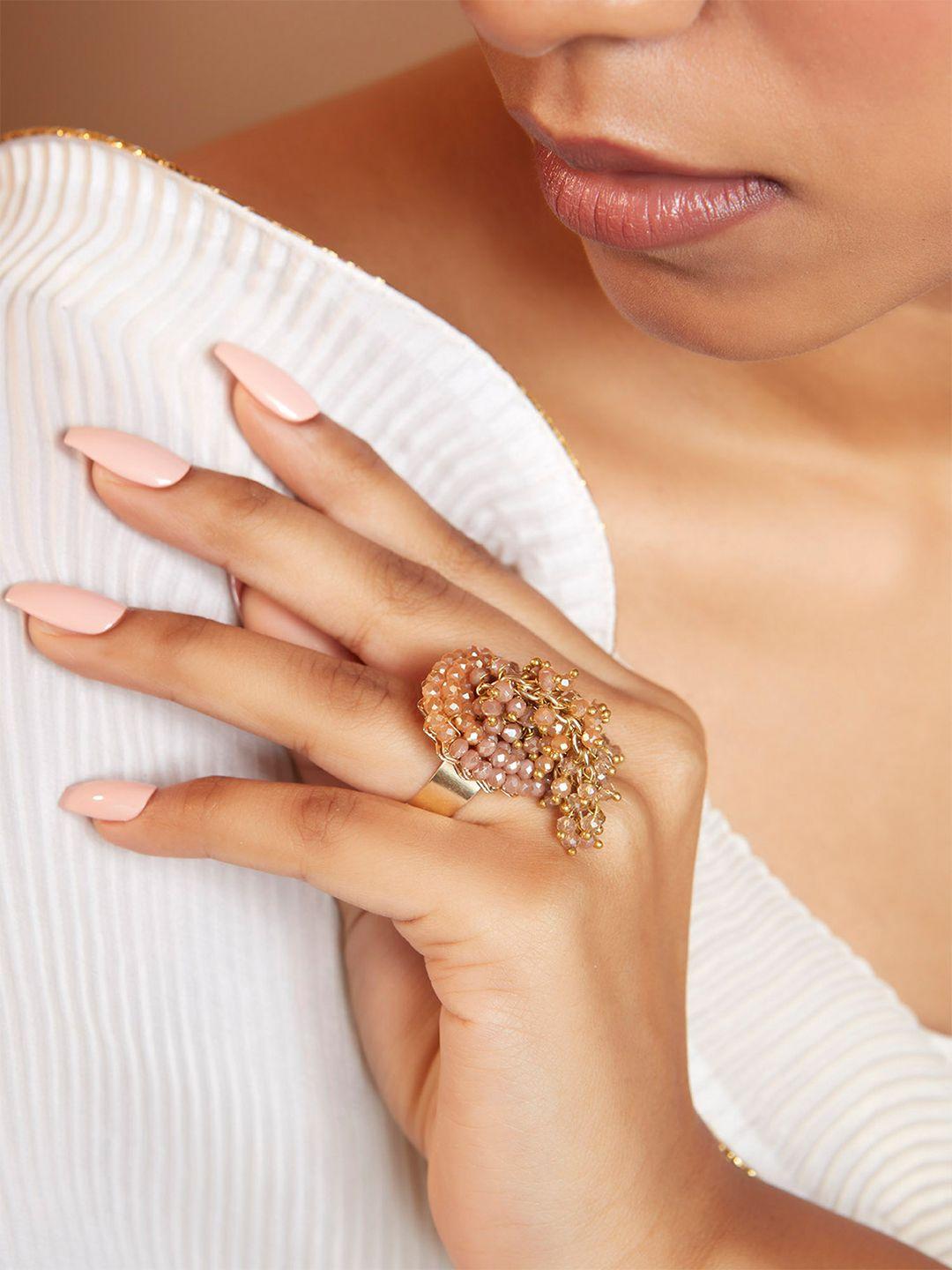d'oro gold-plated & brown crystal studded finger ring