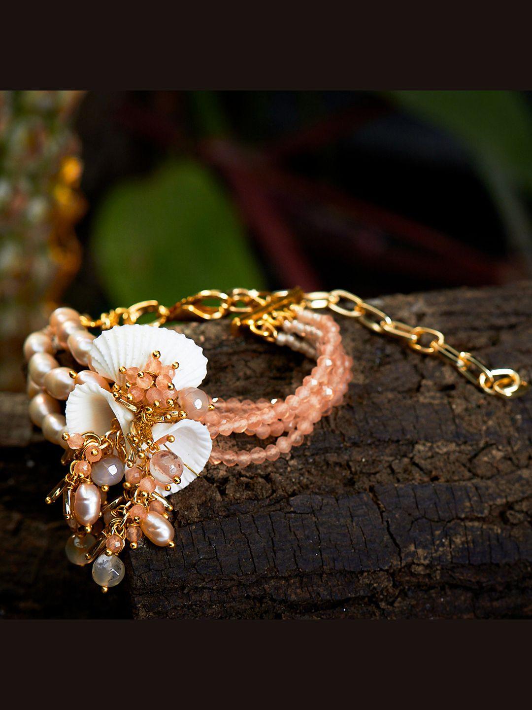 d'oro women beige & white handcrafted gold-plated wraparound bracelet