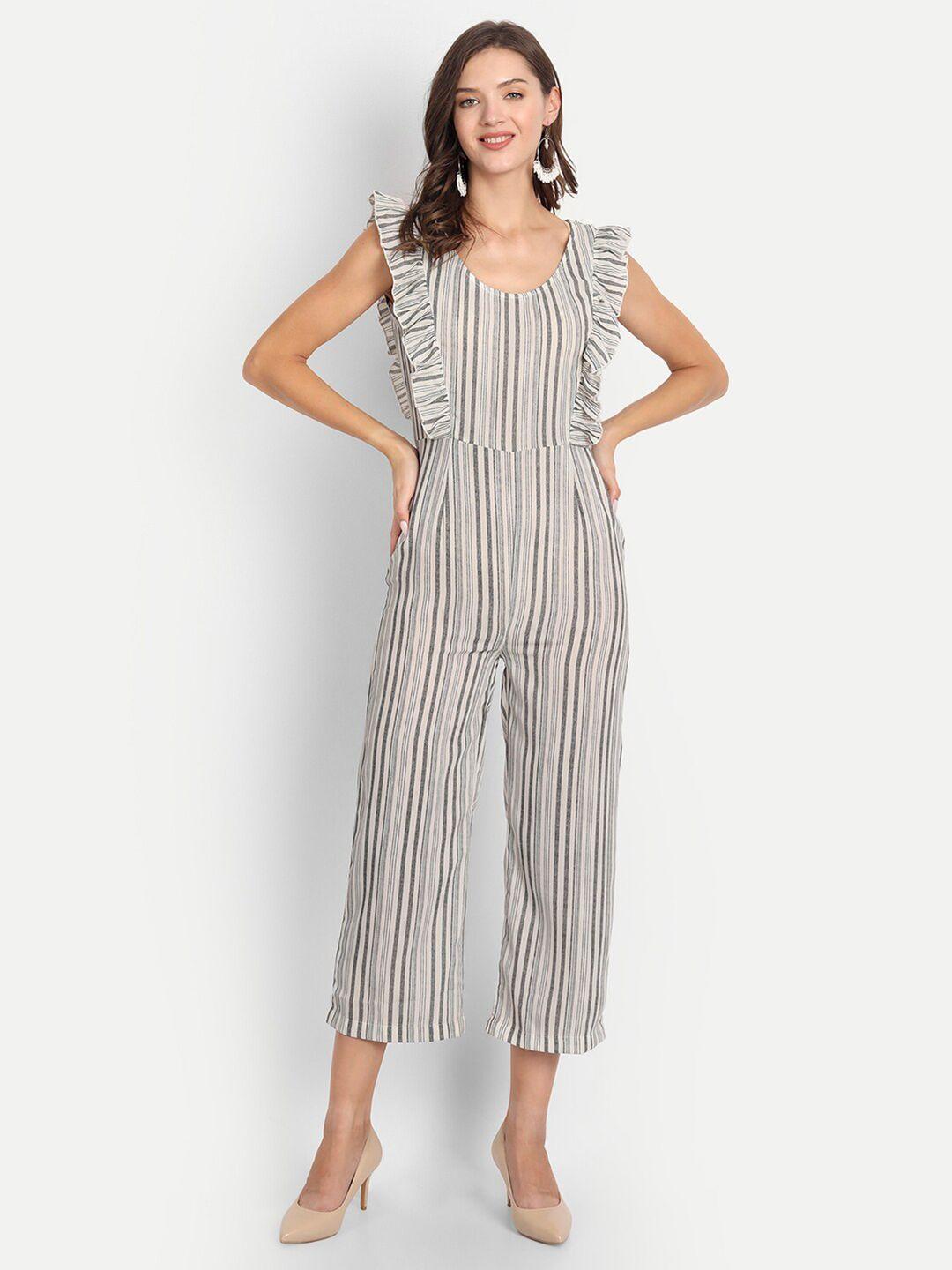 d 'vesh off white & grey striped basic jumpsuit with ruffles