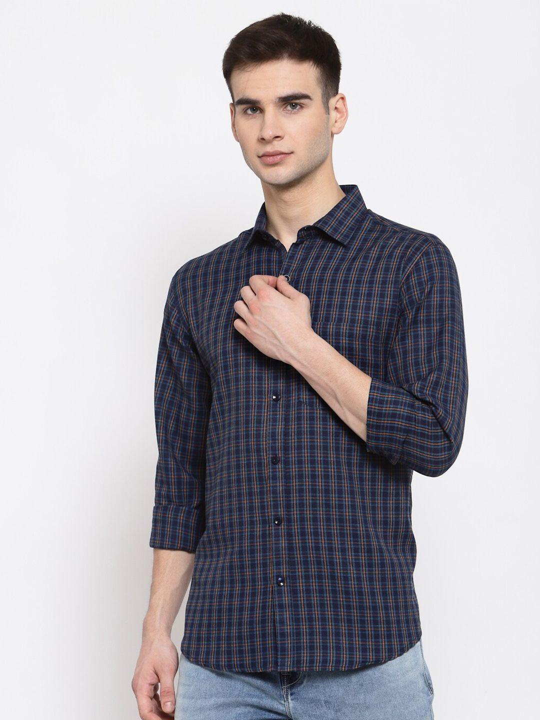 d kumar men navy blue standard checked cotton casual shirt