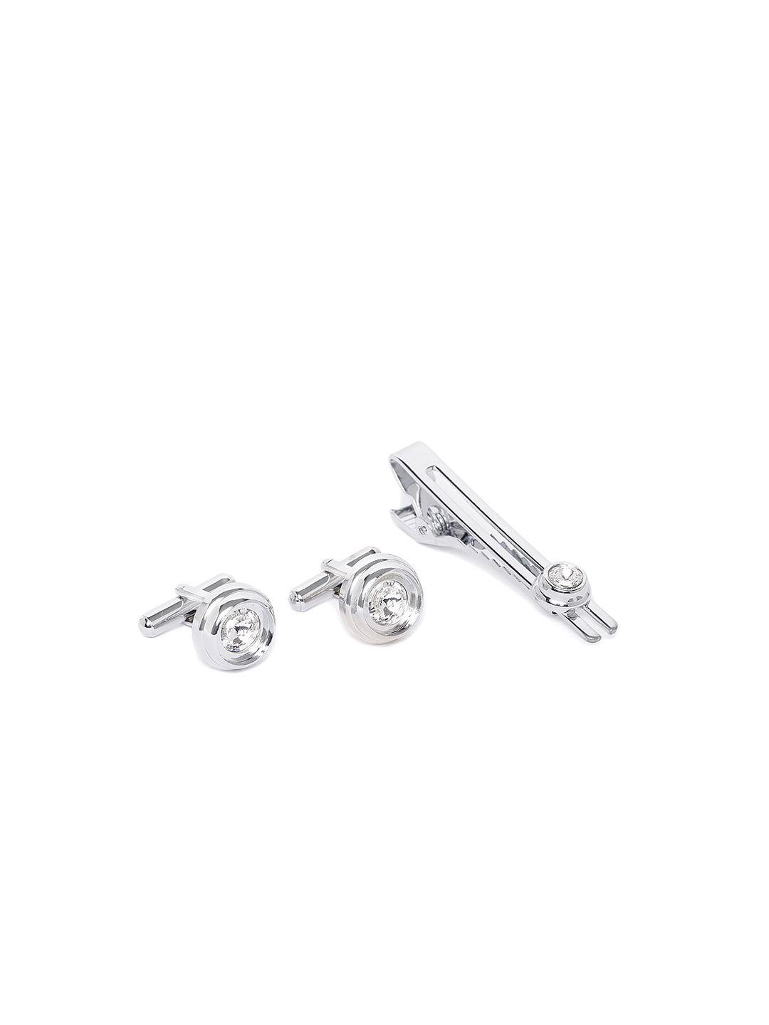 d.c creation men silver-plated artificial stone-studded circular cufflinks & tie pin