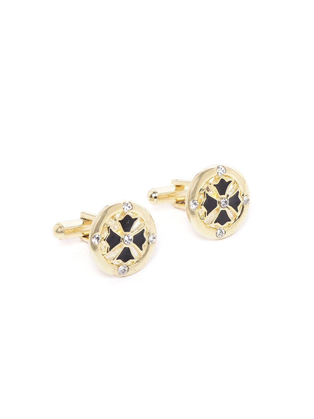 d.c creation black gold-plated stone-studded & enamelled round cufflinks