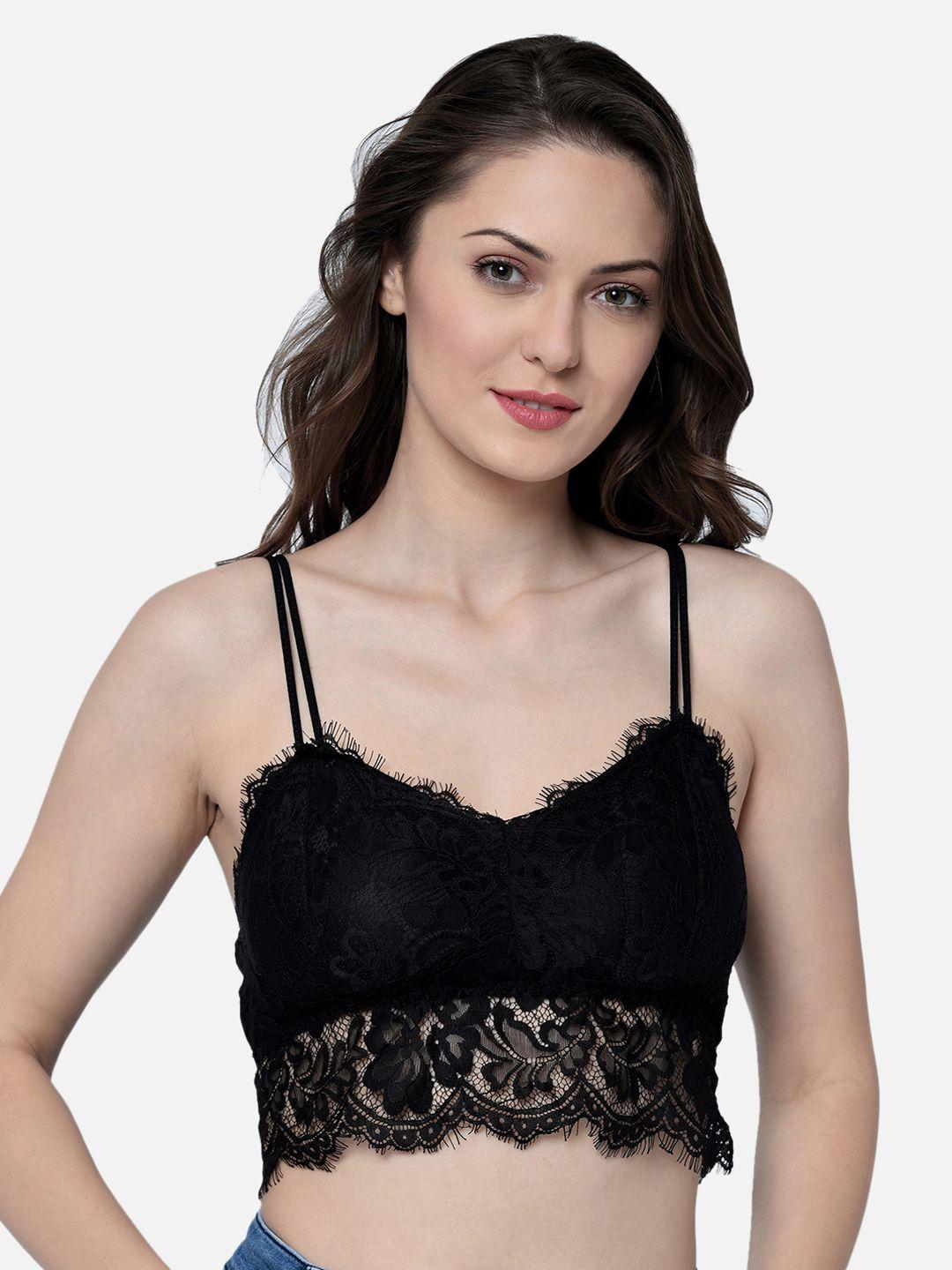 da intimo black solid non-wired lightly padded lace detailed bralette di-1009-r19