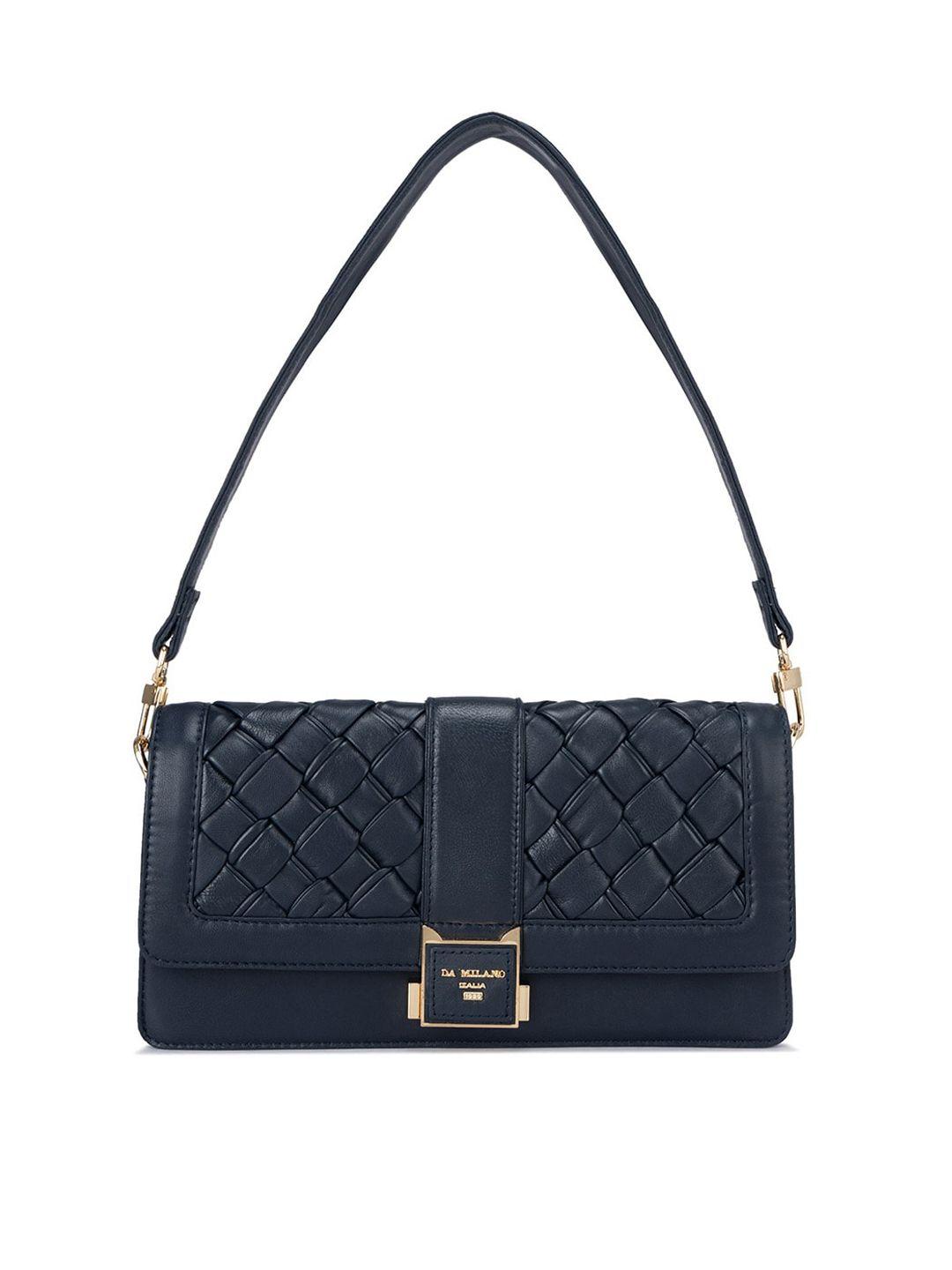 da milano blue textured leather structured handheld bag with cut work