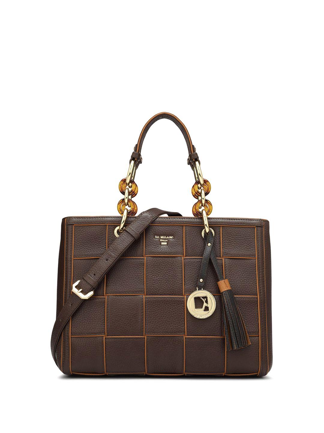 da milano leather structured satchel with cut work