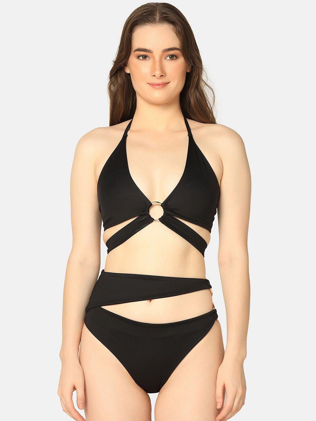 da intimo black medium coverage halter neck cut out swim set