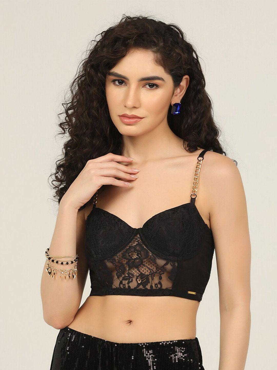 da intimo fluorescent black floral lace lightly padded bralette bra with all day comfort