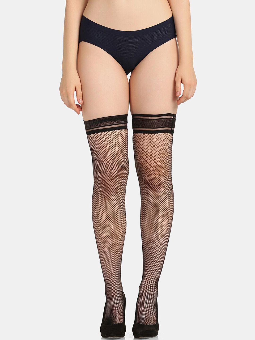 da intimo women black textured semi-sheer above knee-length stockings