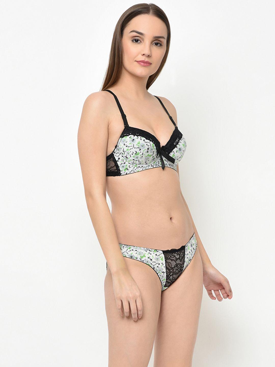 da intimo women grey & black floral printed lace lingerie set di-1266