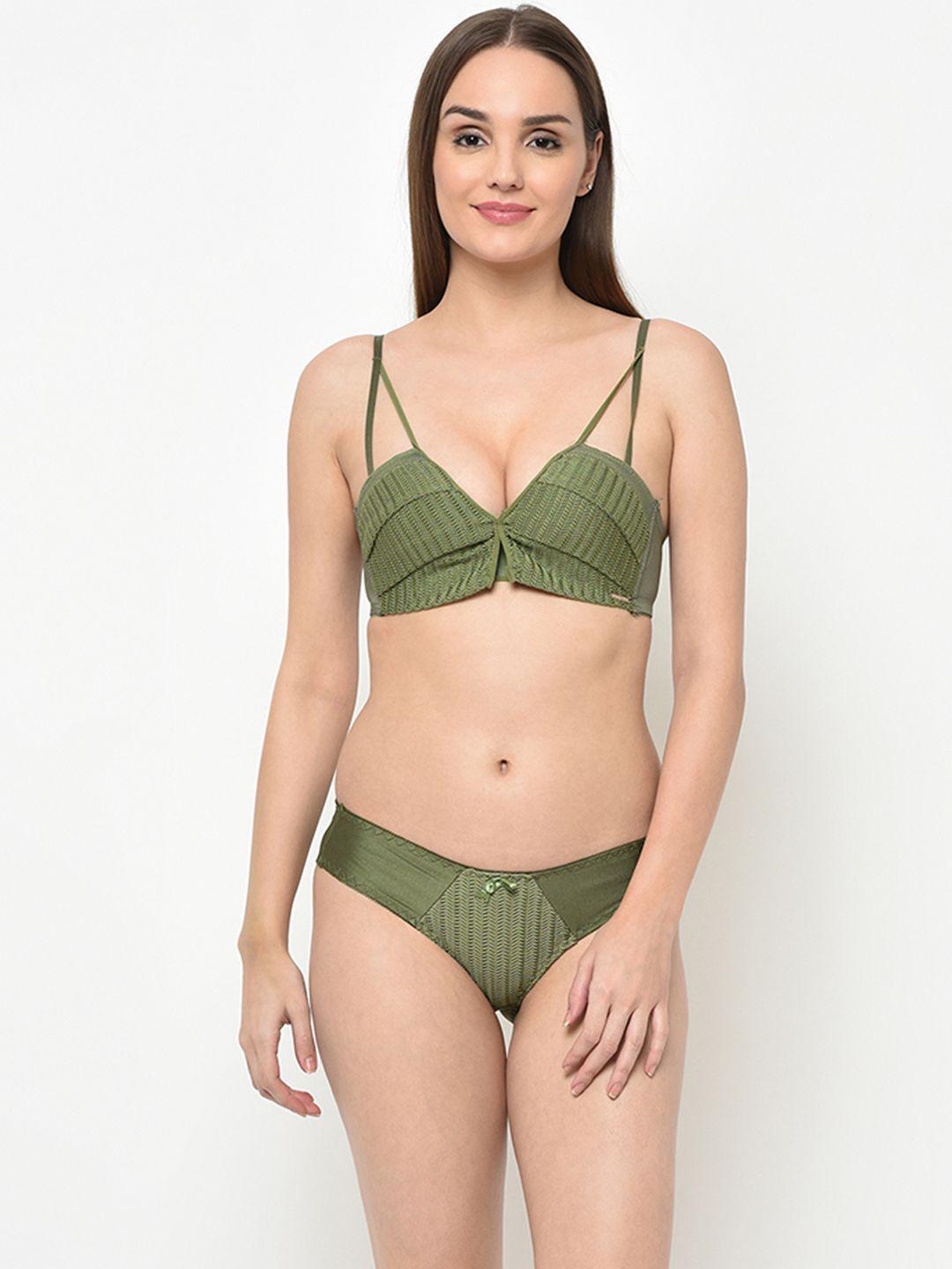 da intimo women olive-green solid cage push up lingerie set di-1267