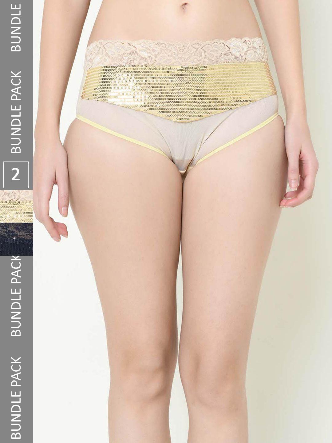 da intimo women pack of 2 mid-rise self design sequinned laced hipster briefs