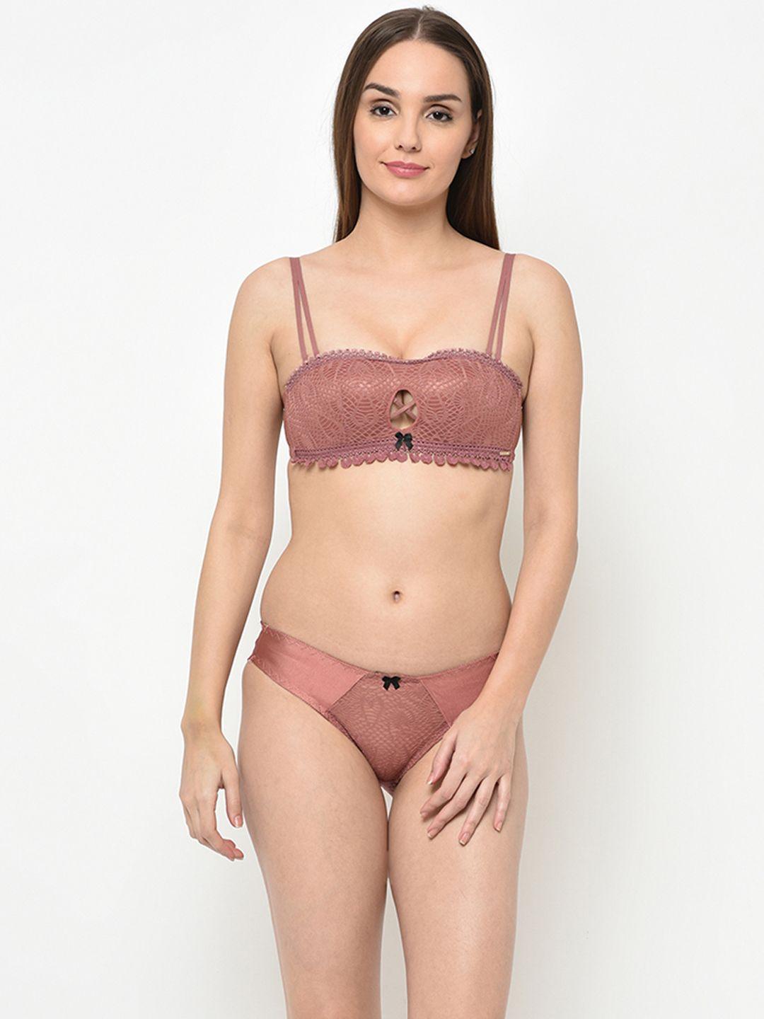da intimo women peach-coloured lace heavily padded non-wired push up lingerie set di-1255