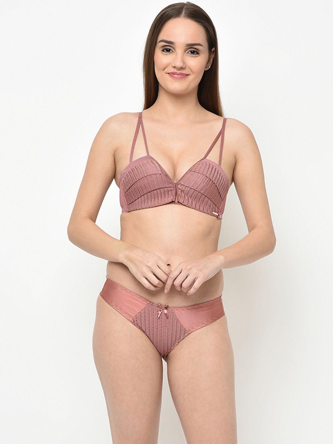 da intimo women peach-coloured solid cage push up lingerie set di-1267