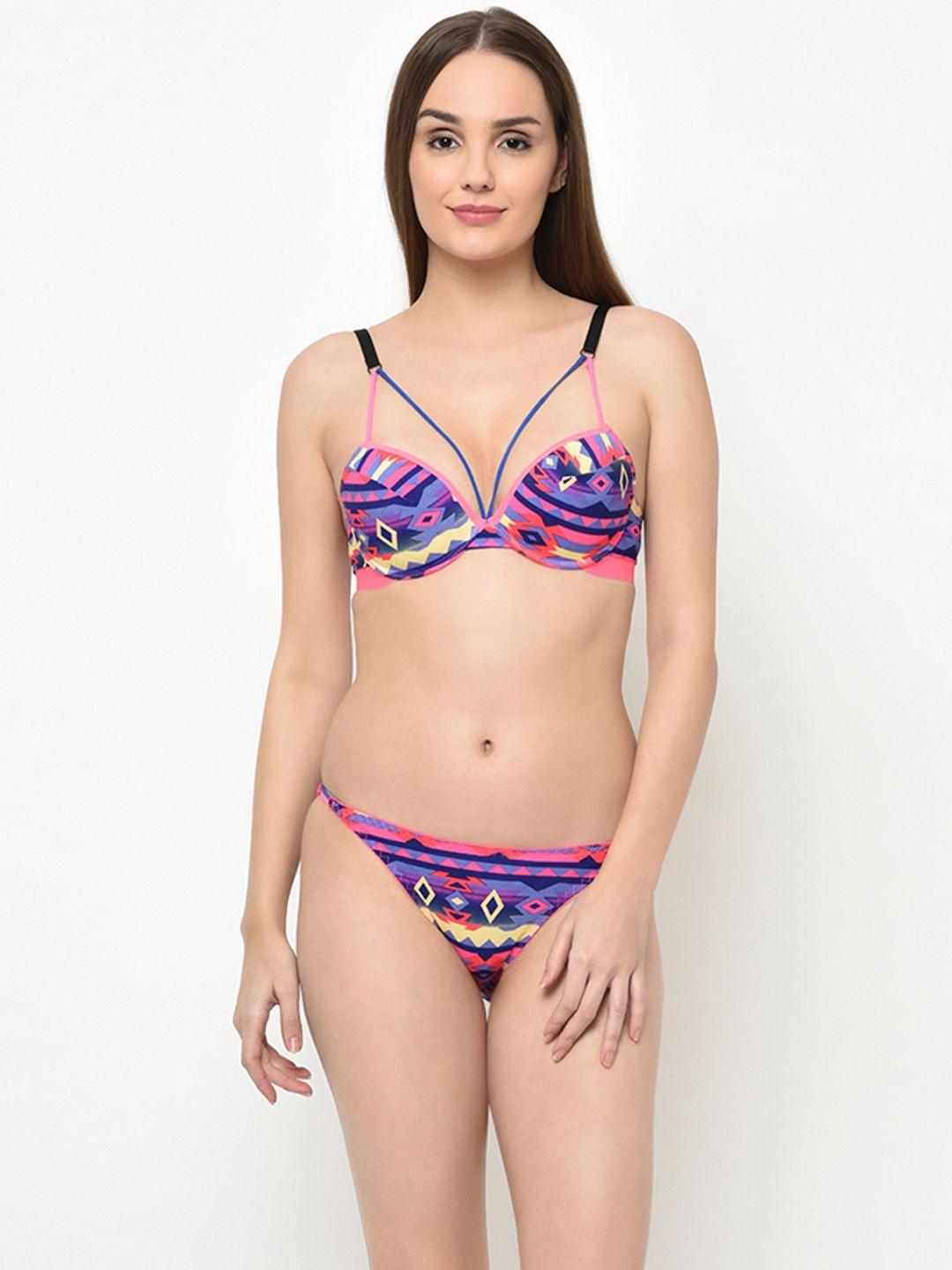 da intimo women pink & blue printed lingerie set di-1268