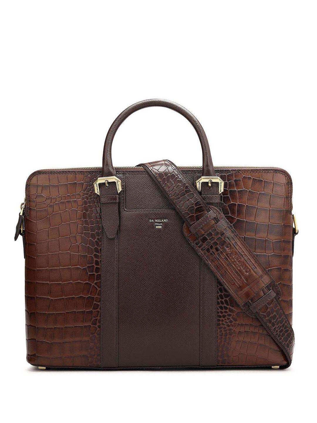 da milano unisex brown textured leather laptop bag