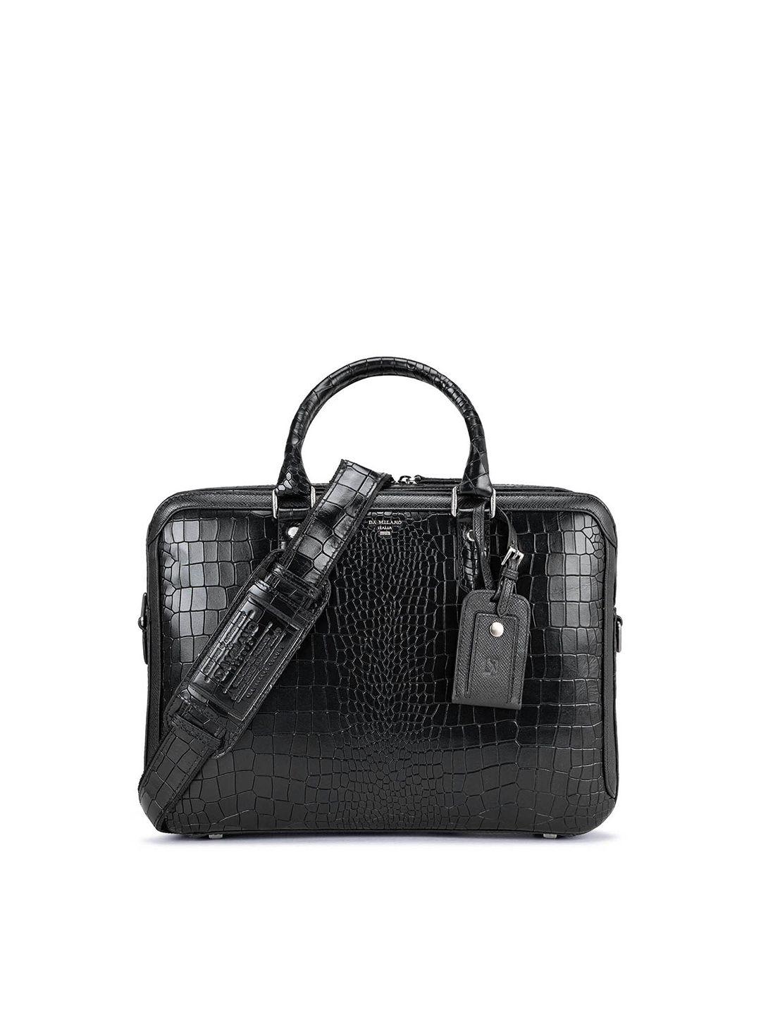 da milano women black textured leather laptop bag