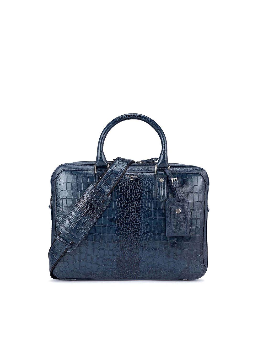 da milano women blue textured leather laptop bag