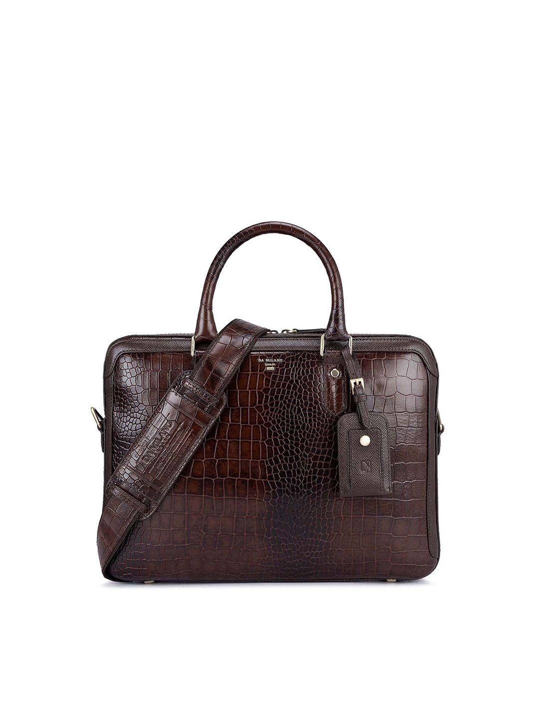 da milano women brown textured leather laptop bag