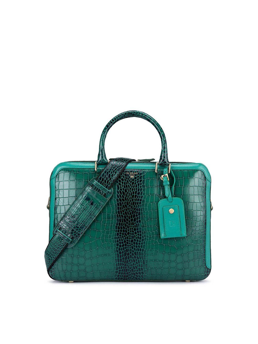 da milano women green textured leather laptop bag