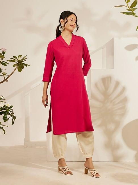 daali fuchsia cotton flax v neck 3/4 sleeves smart formals kurta with two pockets