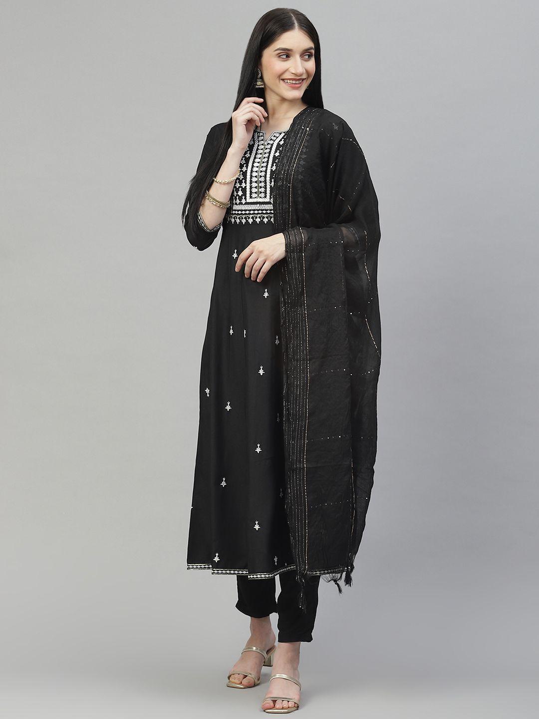 daamina women black ethnic motifs embroidered panelled thread work kurta with trousers & with dupatta