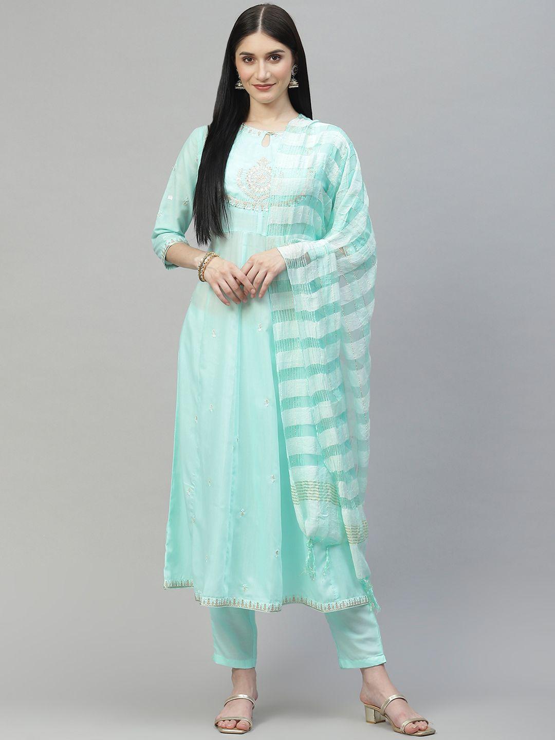 daamina women blue ethnic motifs embroidered panelled thread work kurta with trousers & with dupatta