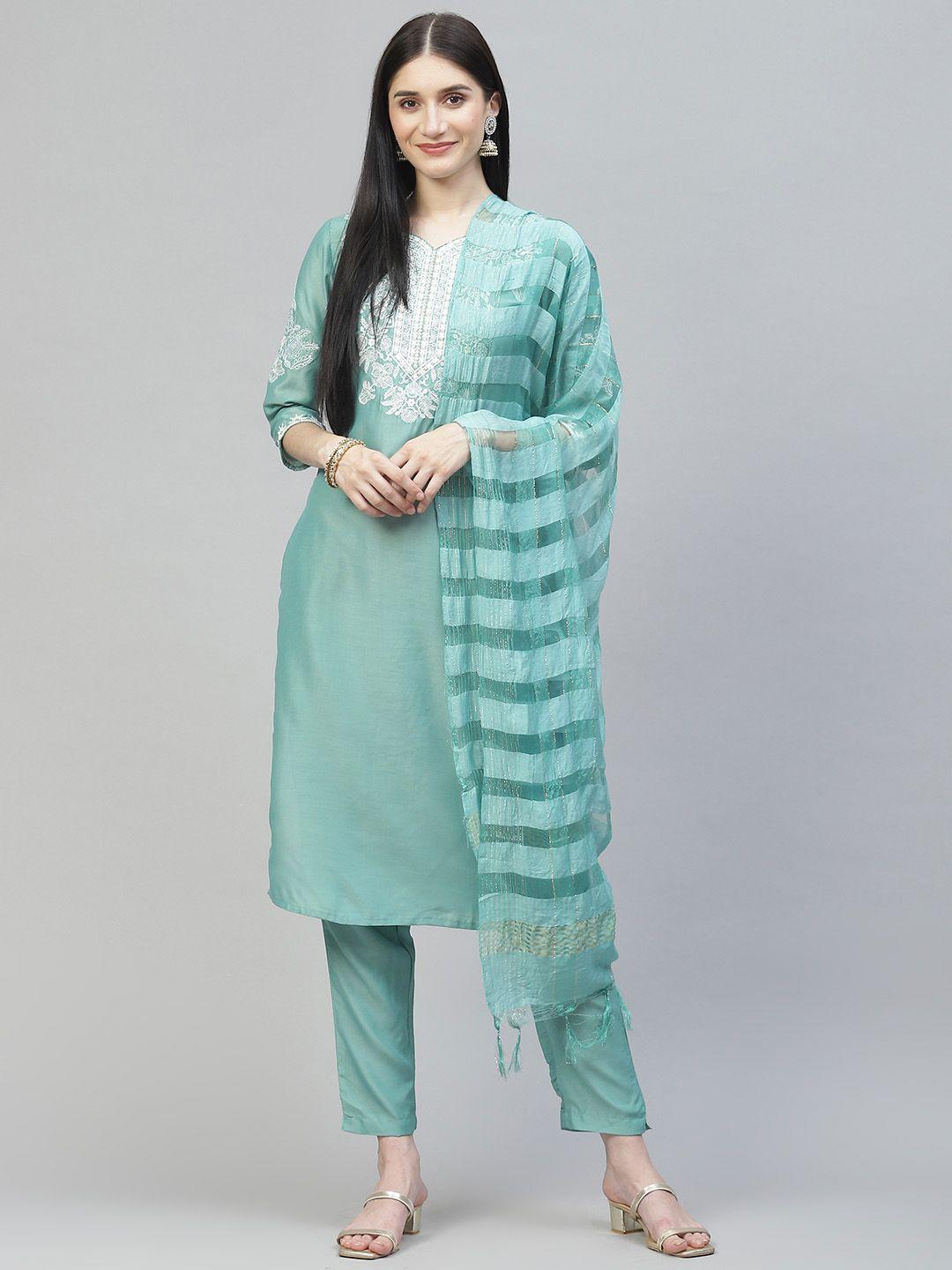 daamina women blue ethnic motifs embroidered thread work kurta with trousers & with dupatta