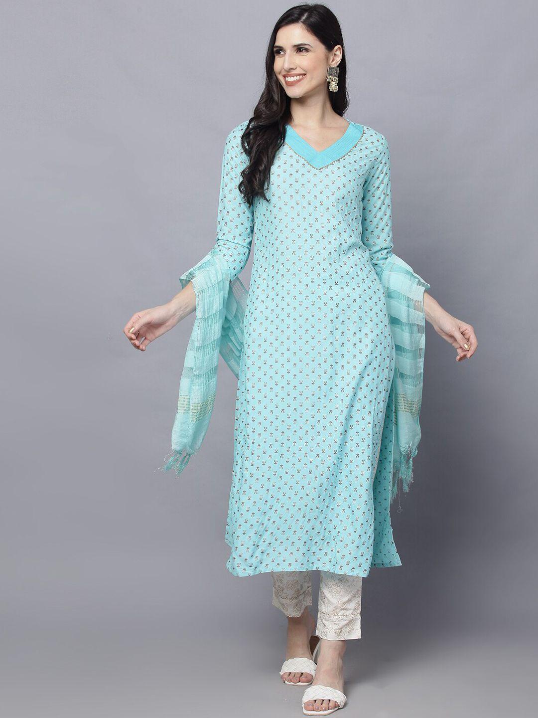 daamina women blue floral printed kurta with trousers & with dupatta