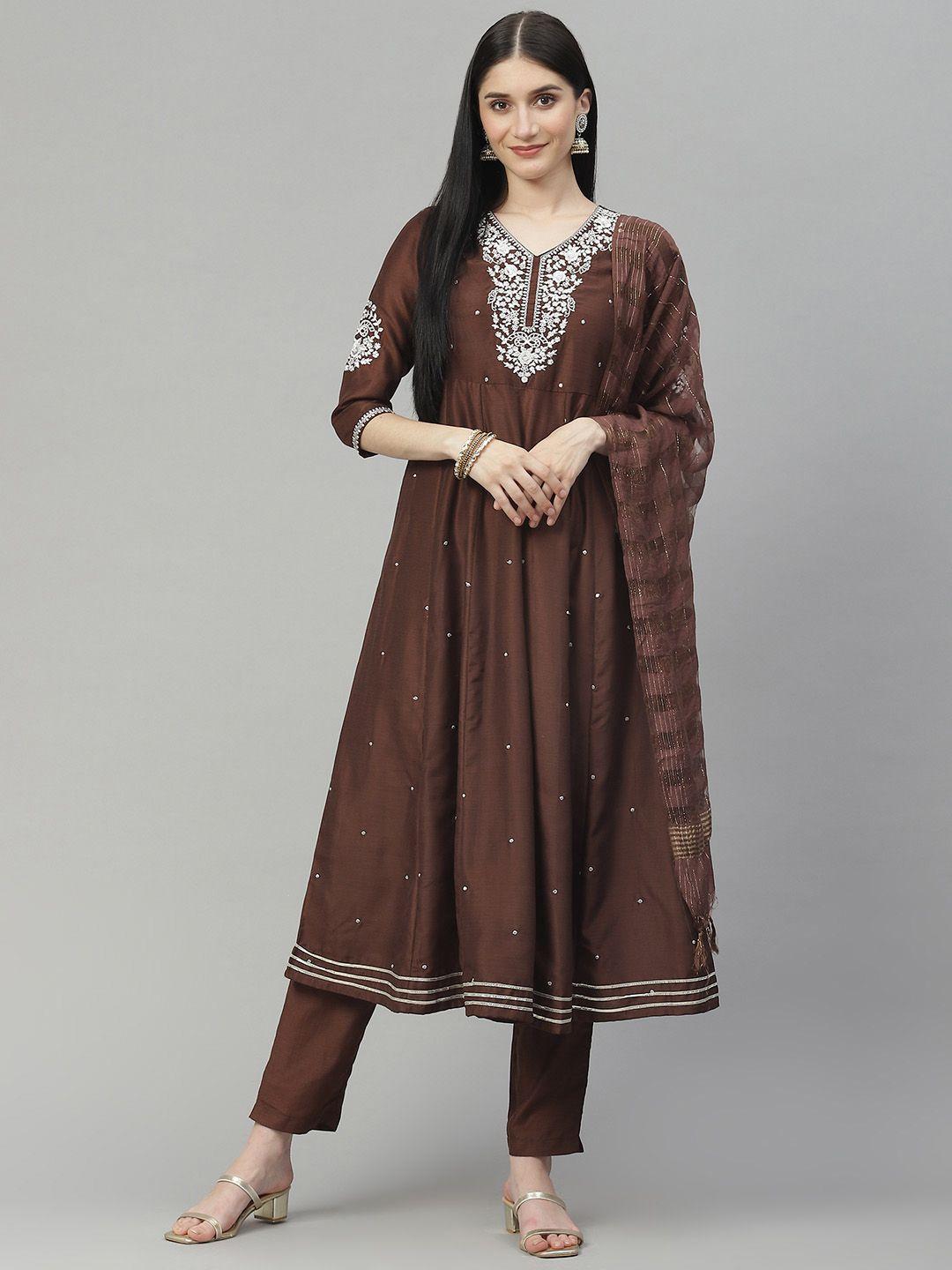 daamina women brown ethnic motifs embroidered thread work kurta with trousers & with dupatta