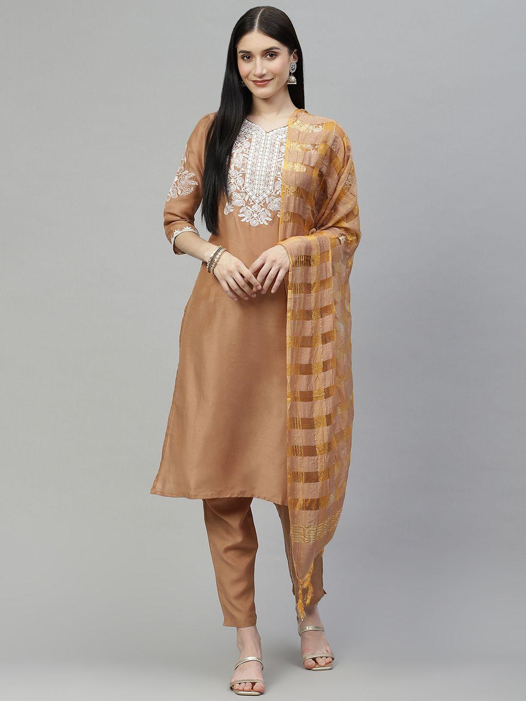 daamina women brown ethnic motifs embroidered thread work kurta with trousers & with dupatta