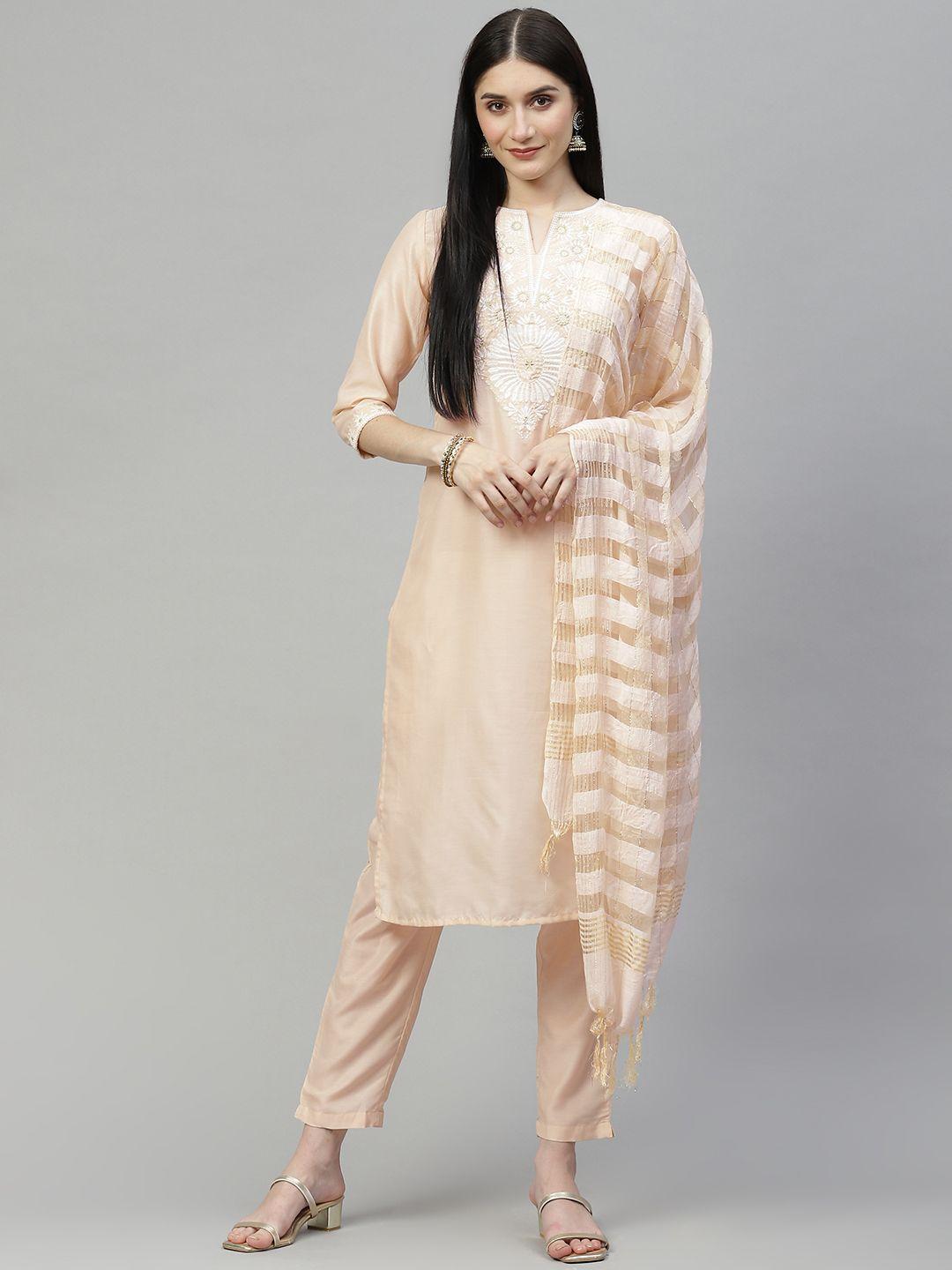daamina women cream-coloured ethnic motifs embroidered thread work kurta with trousers & with dupatta