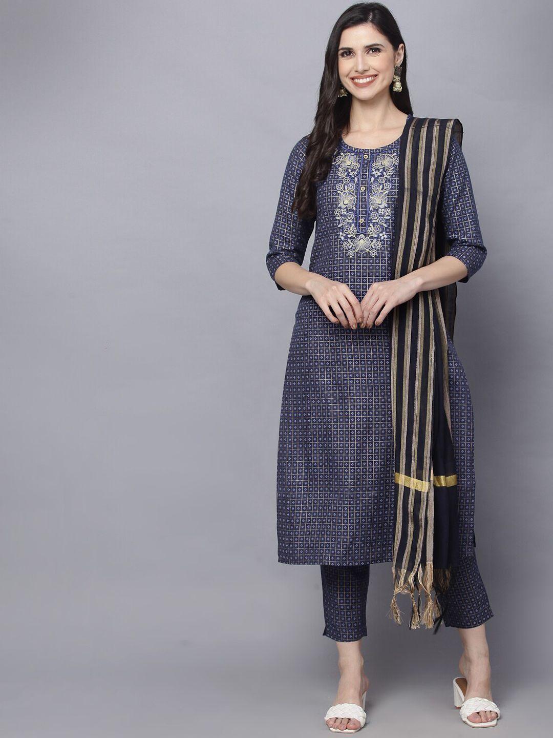 daamina women navy blue ethnic motifs embroidered pure cotton kurta sets