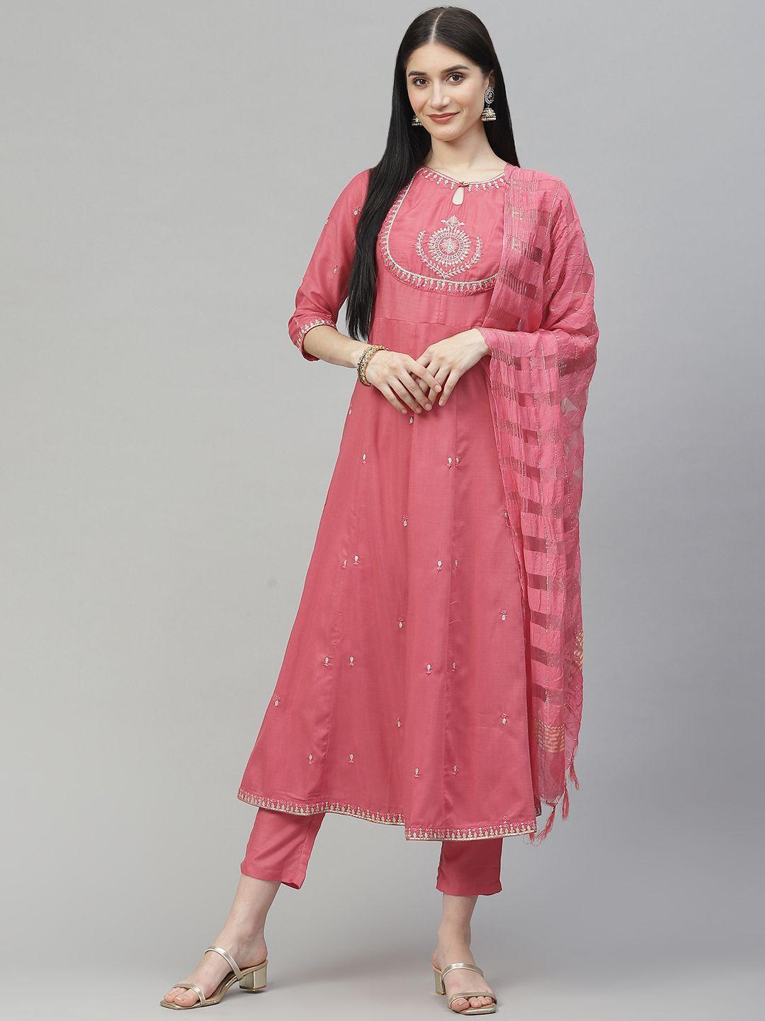 daamina women pink ethnic motifs embroidered panelled thread work kurta with trousers & with dupatta