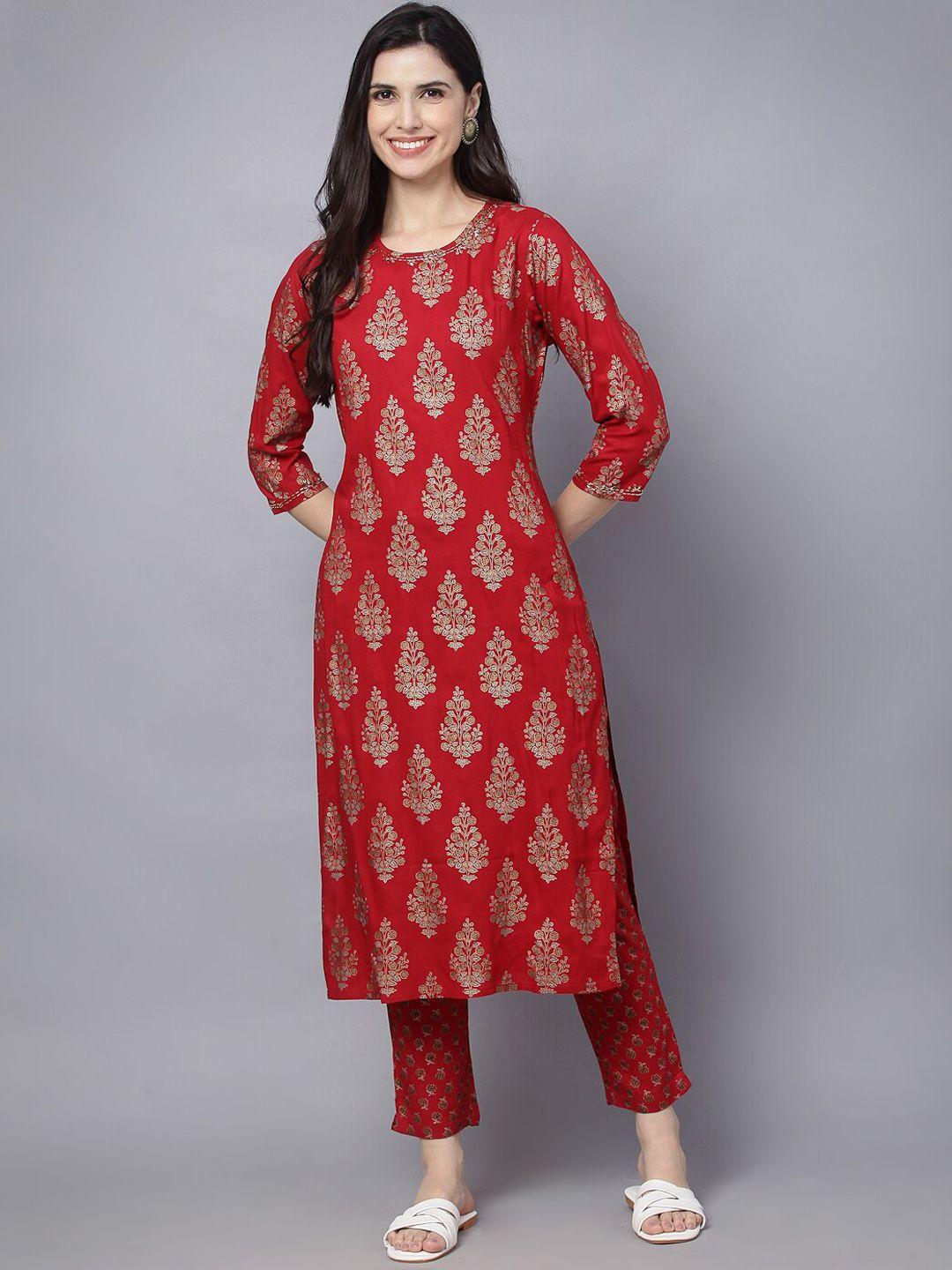 daamina women red ethnic motifs printed kurta with trousers