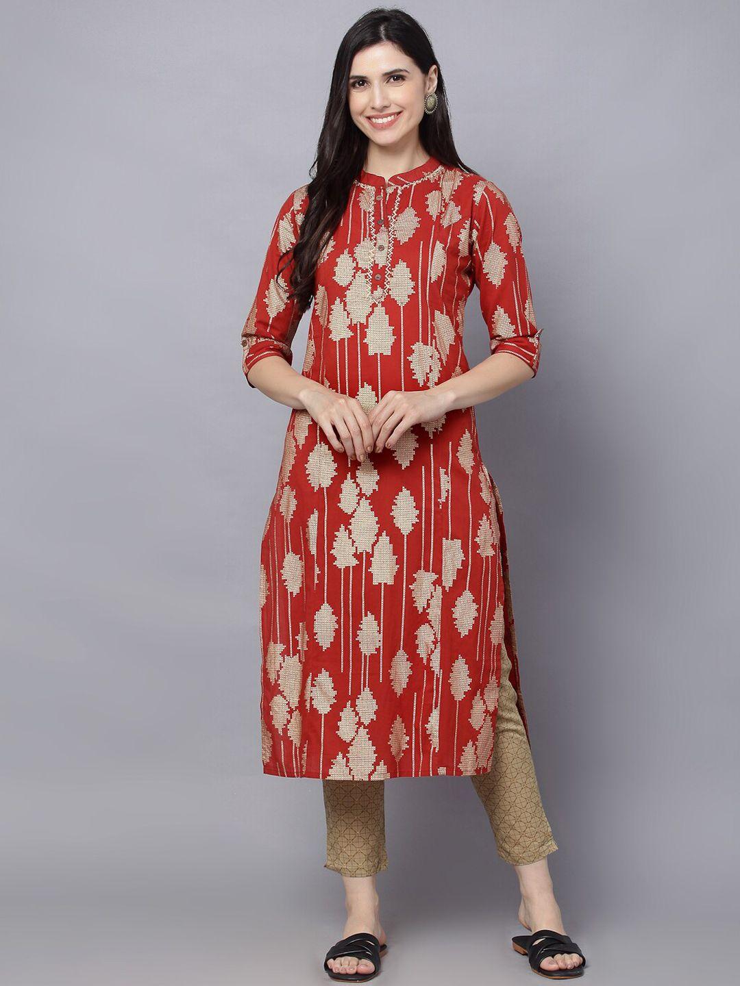 daamina women red printed pure cotton kurta with trousers