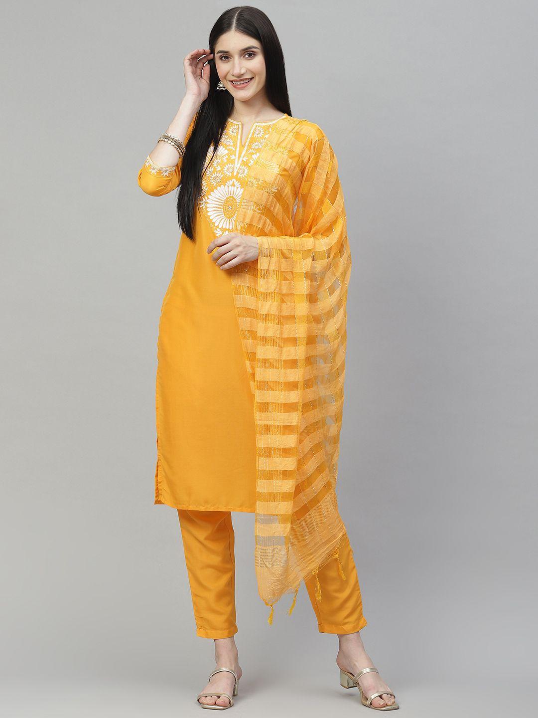 daamina women yellow ethnic motifs embroidered thread work kurta with trousers & with dupatta